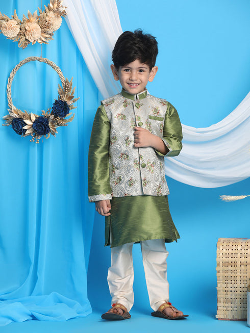 Boy's Green Floral Jacquard Jacket With Silk Kurta And Pyjama Set
